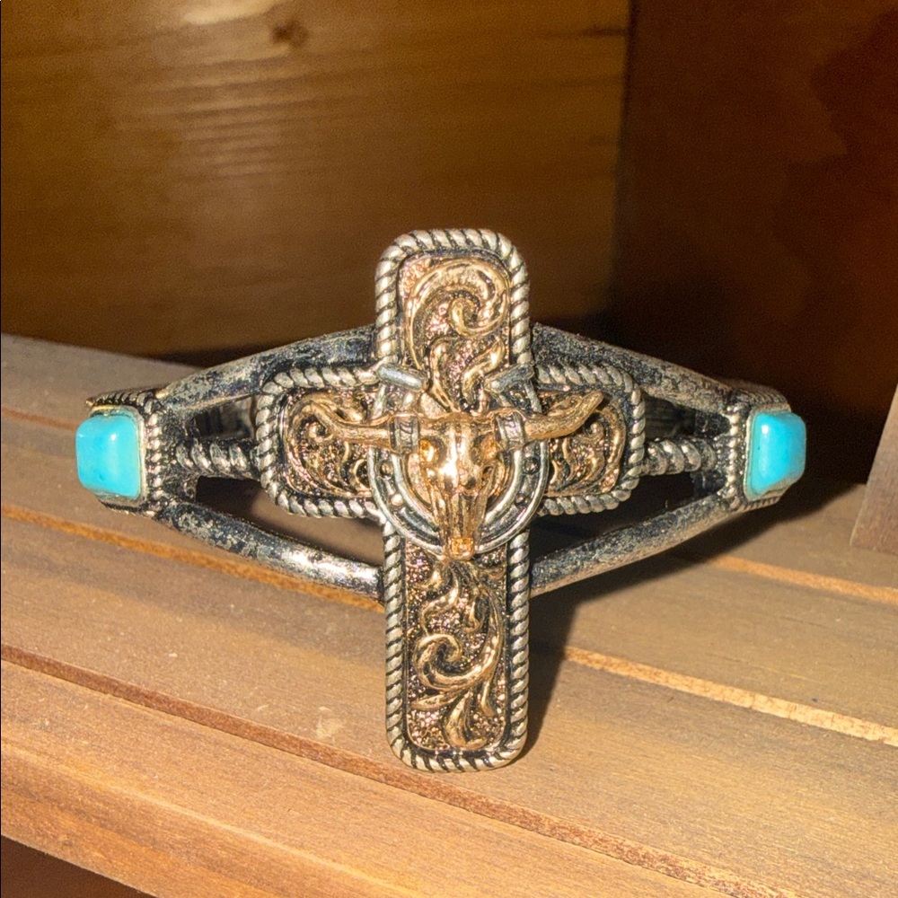 Rustic Turquoise and Bronze Cross Bracelet